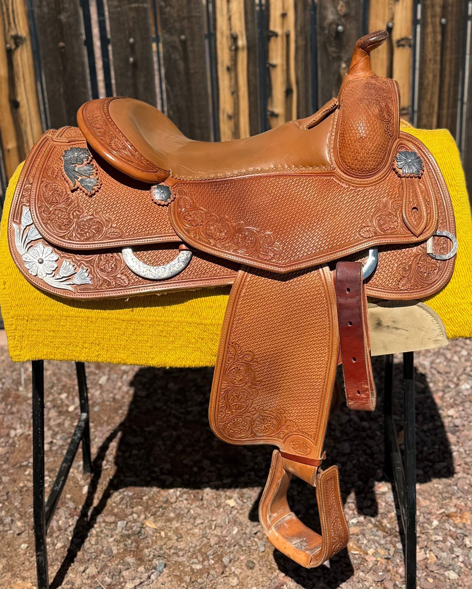 Bob's Custom Saddle — 16 Seat Basketweave Floral Sterling Silver Conchos — $5,995