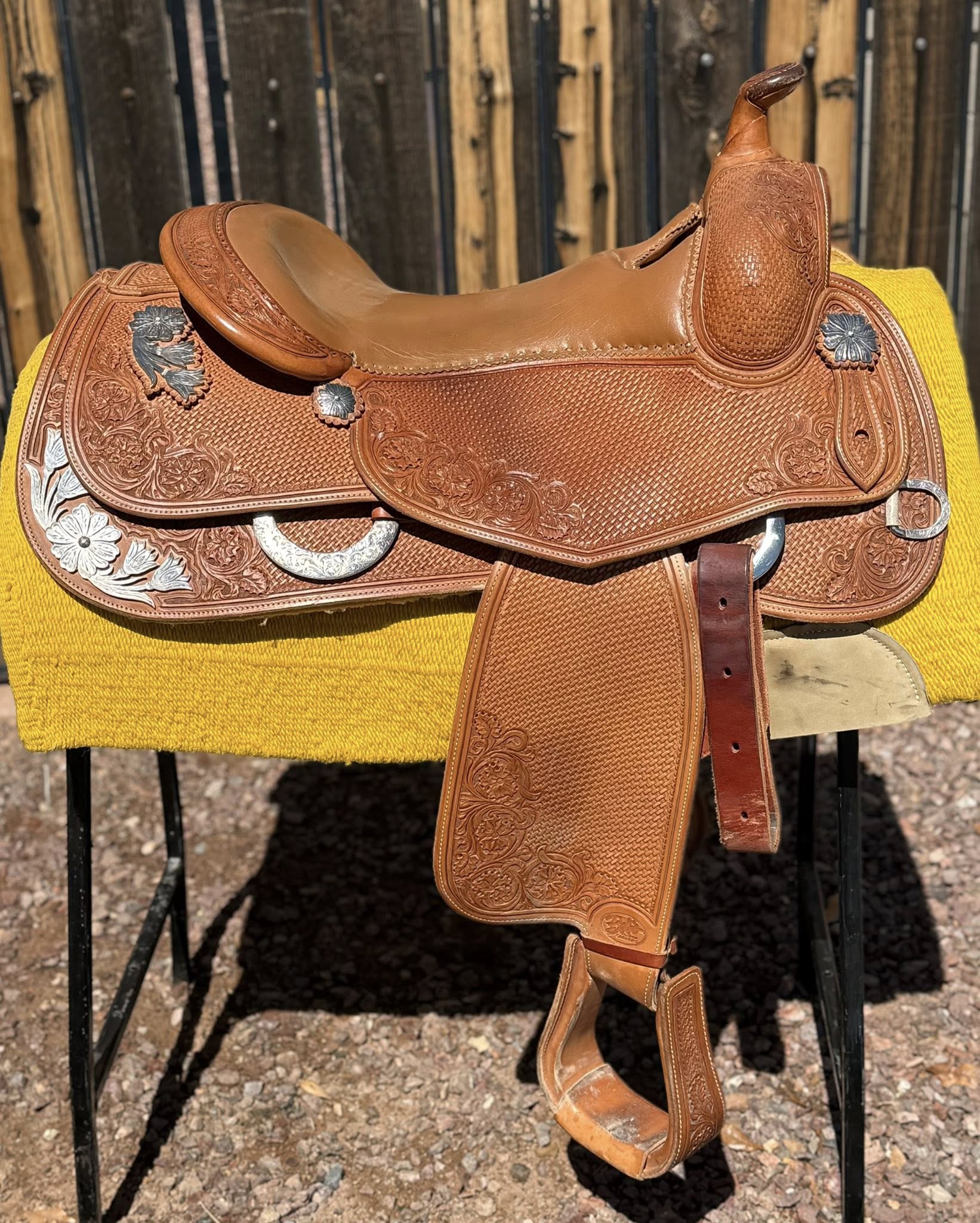 Bob's Custom Saddle — 16 Seat Tan Leather Sterling Silver Corner Plates — $5,995